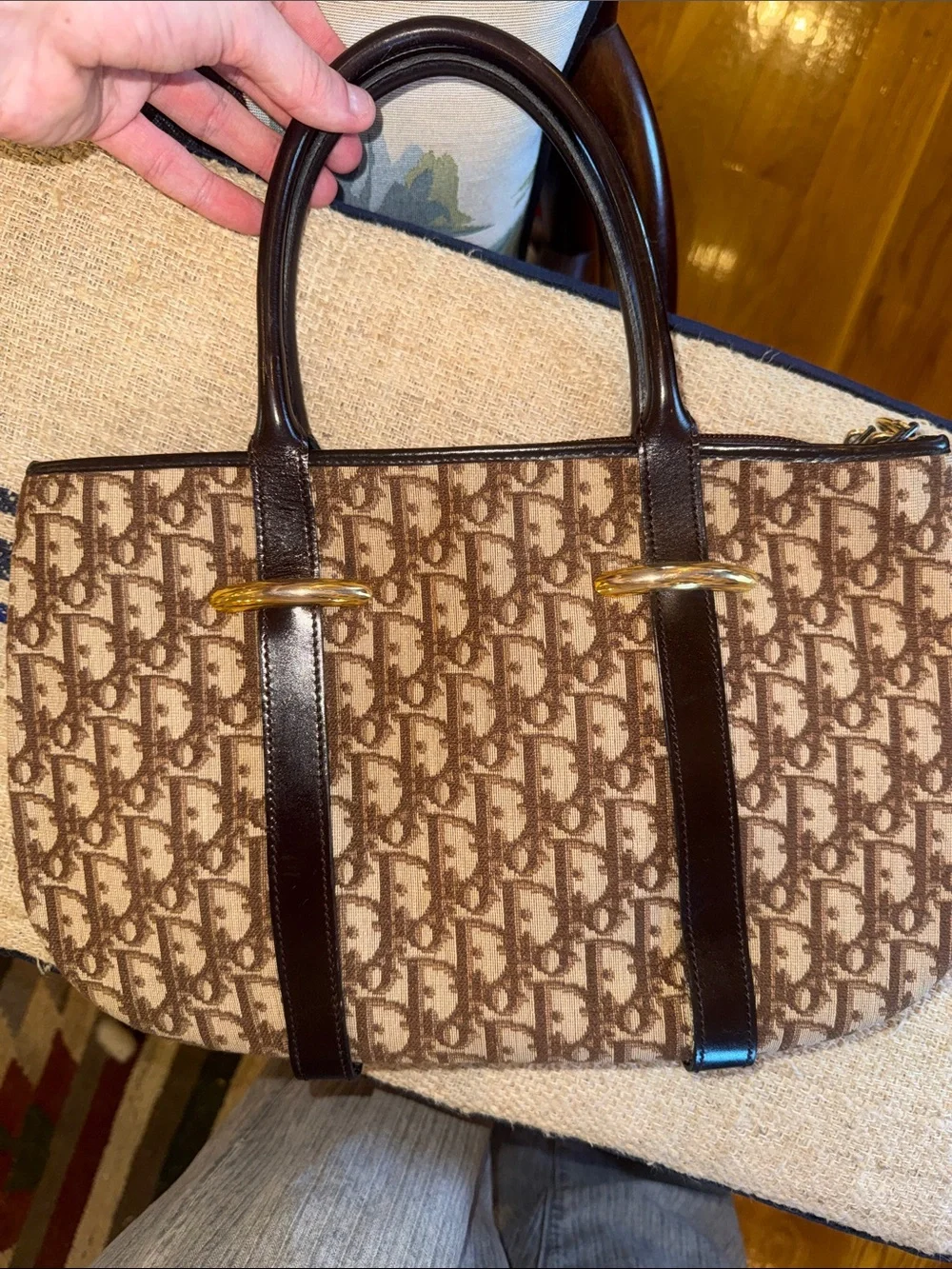 Dior Beige Brown Monogram Canvas Tote with Dark Brown Leather Trim